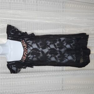 Black Lace Vintage Free People Square Neck Sleeveless Mini Dress Swim Cover-up